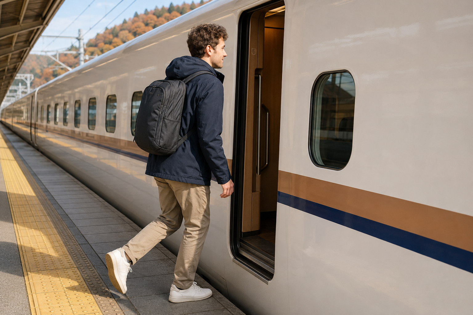 Traveler boarding a generic Japanese high-speed train