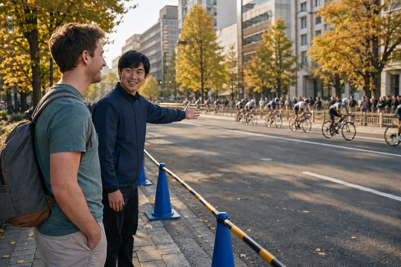Visitor discussing a safe alternative plan near a city cycling course