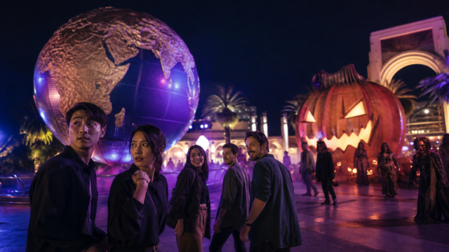 Adult visitors at a Halloween night theme park with a globe and illuminated giant pumpkin