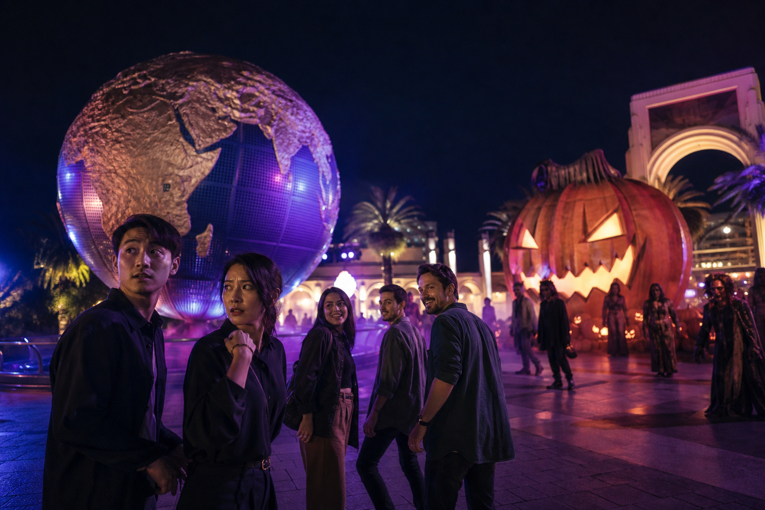 Adult visitors at a Halloween night theme park with a globe and illuminated giant pumpkin
