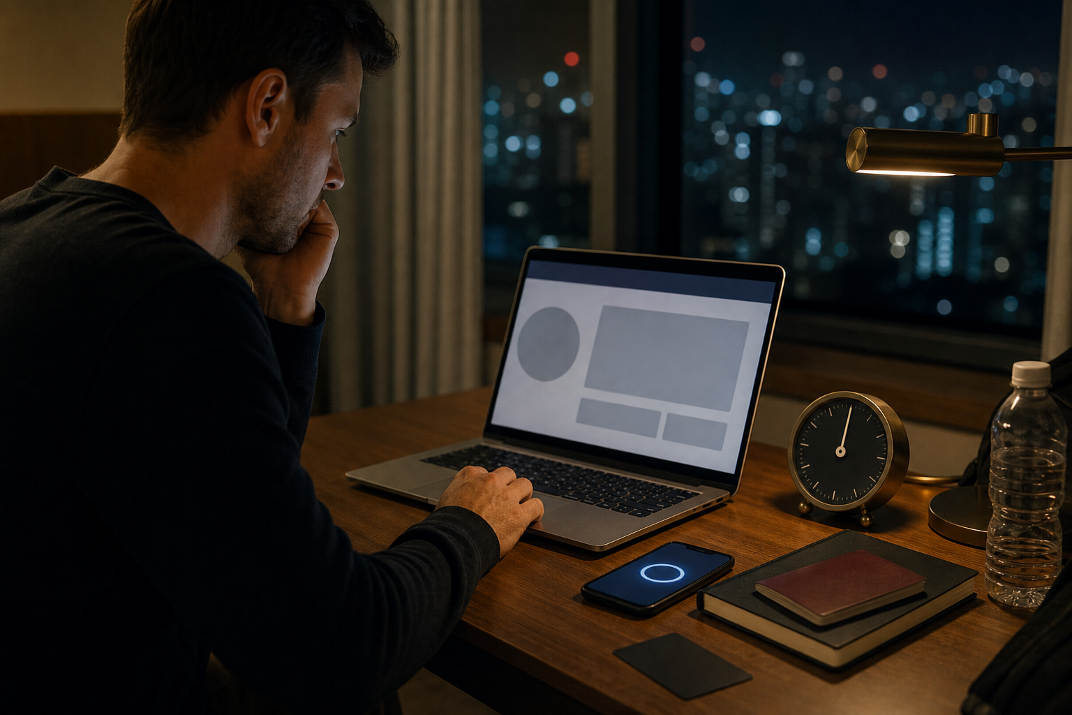Traveler preparing a laptop, phone and clock for the scheduled Japan-time ticket sale