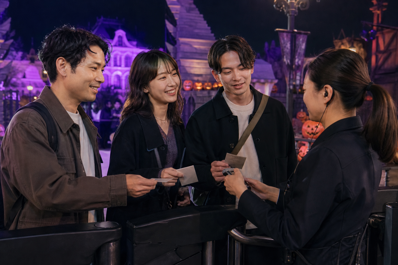 Three adult visitors confirming age eligibility with an event staff member