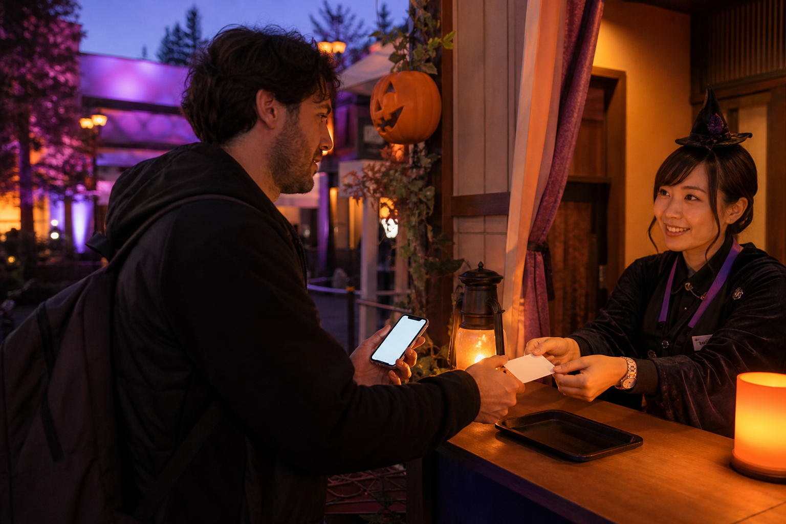 Adult visitor exchanging a booking confirmation for a blank event credential