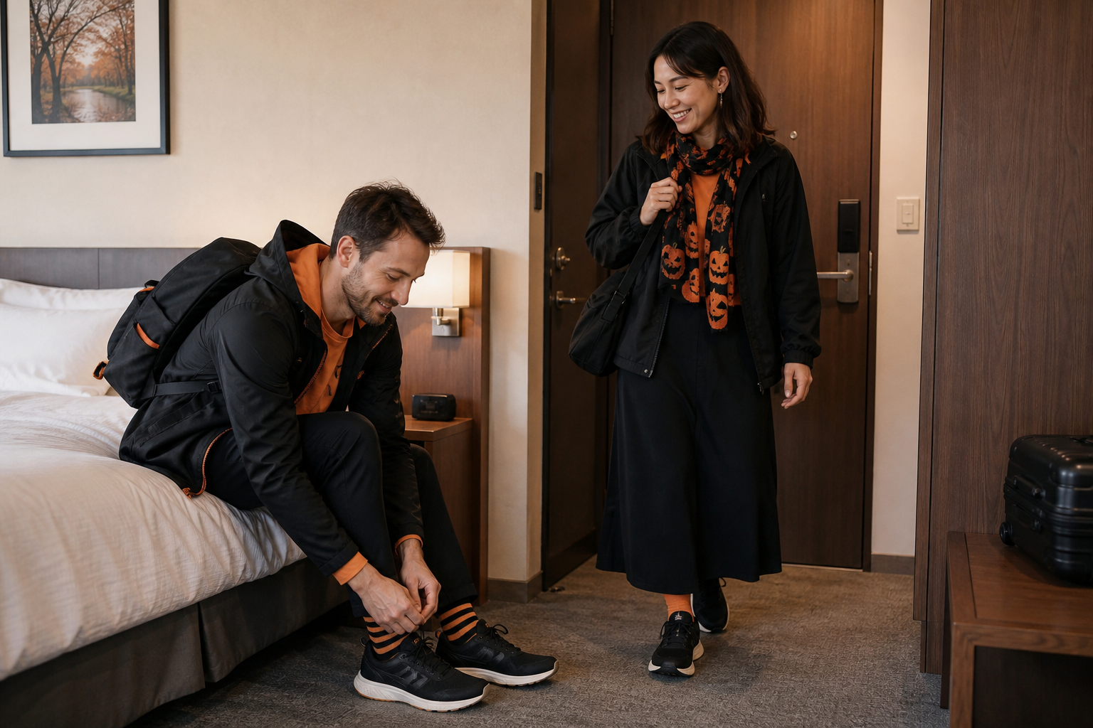 Two adult travelers preparing safe Halloween clothing and comfortable walking shoes