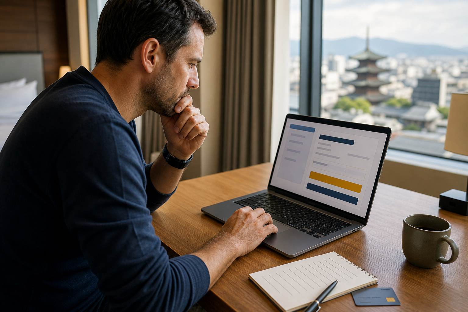 Traveler carefully reviewing a final online ticket purchase screen