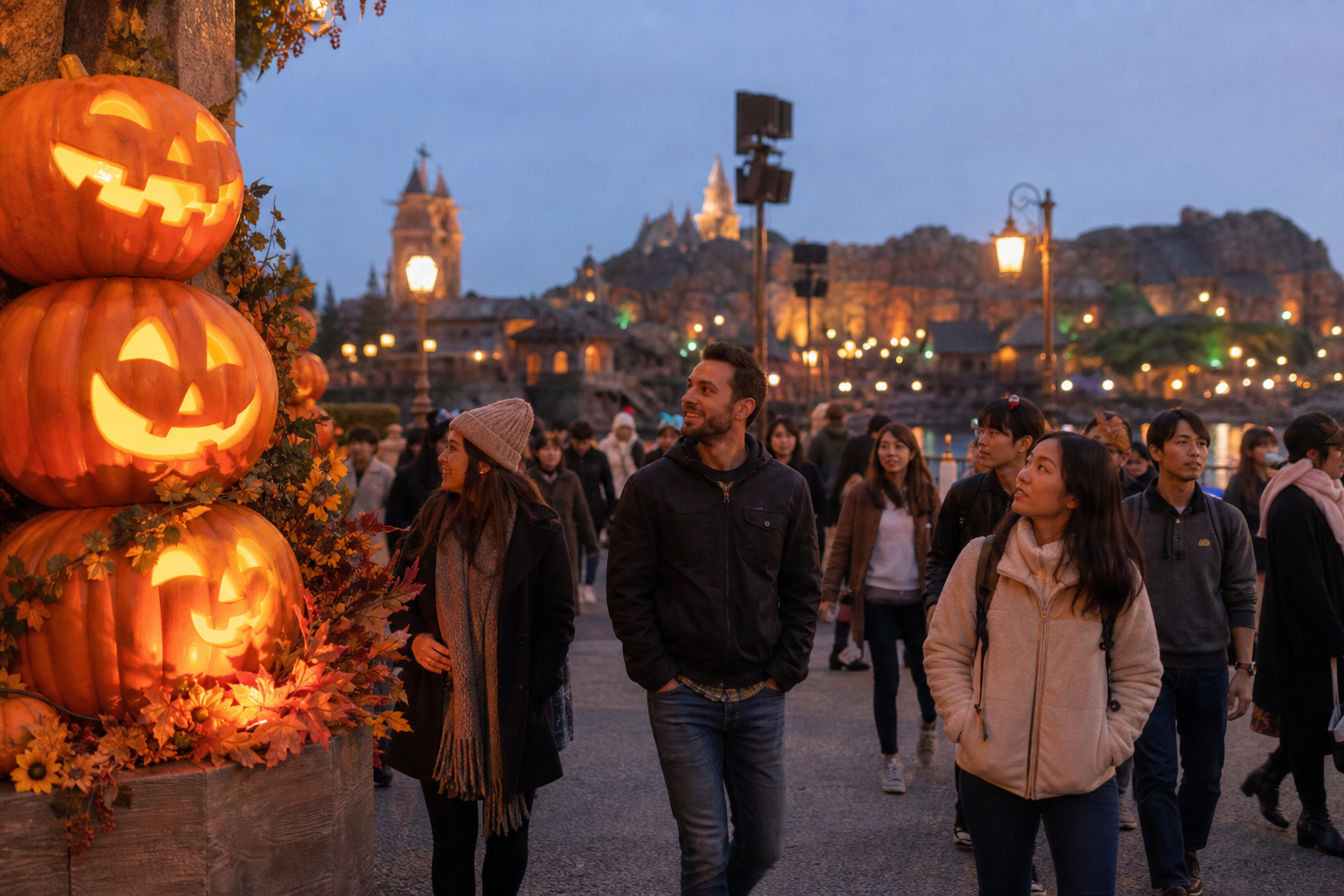 Adult travelers enjoying a regular evening Halloween theme-park visit as Plan B