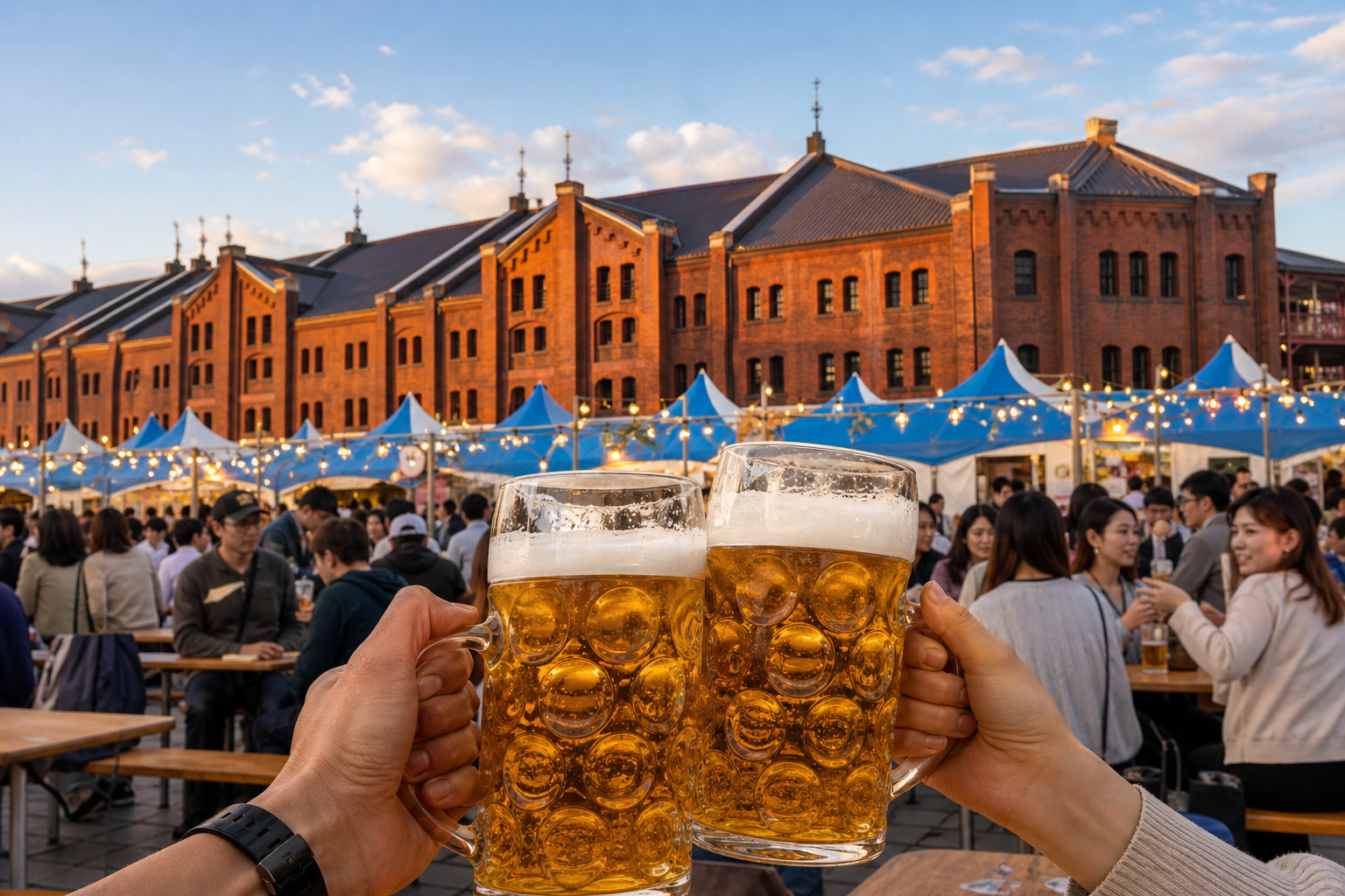 Beer steins raised before an Oktoberfest scene at Yokohama Red Brick Warehouse