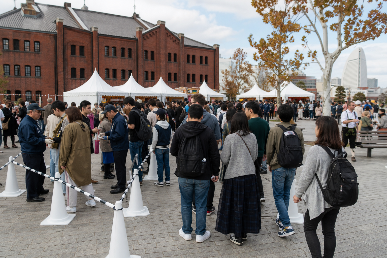 Orderly admission queue beside a red-brick Yokohama festival venue