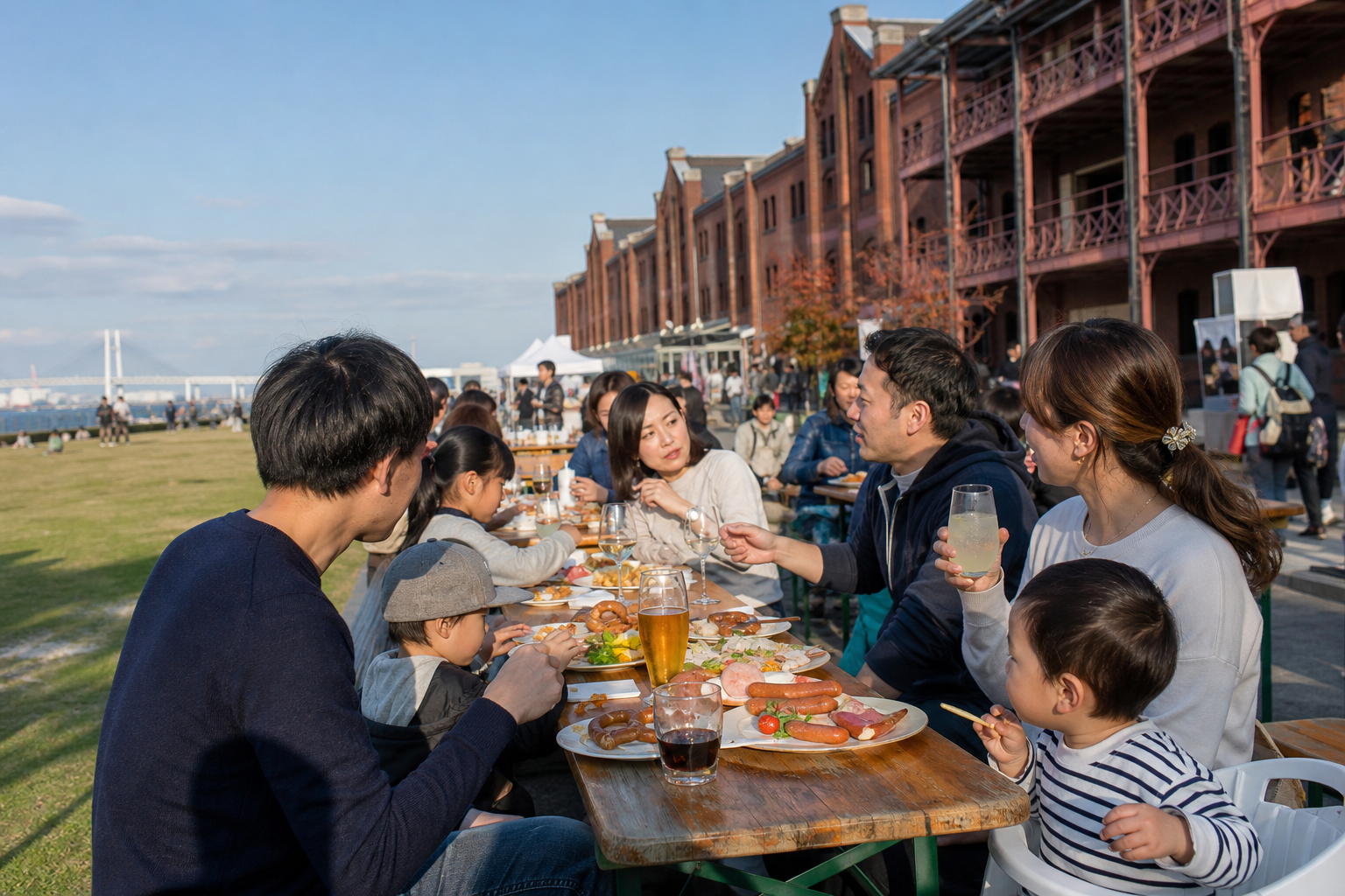 Family and friends share food and nonalcoholic drinks in an outdoor festival area
