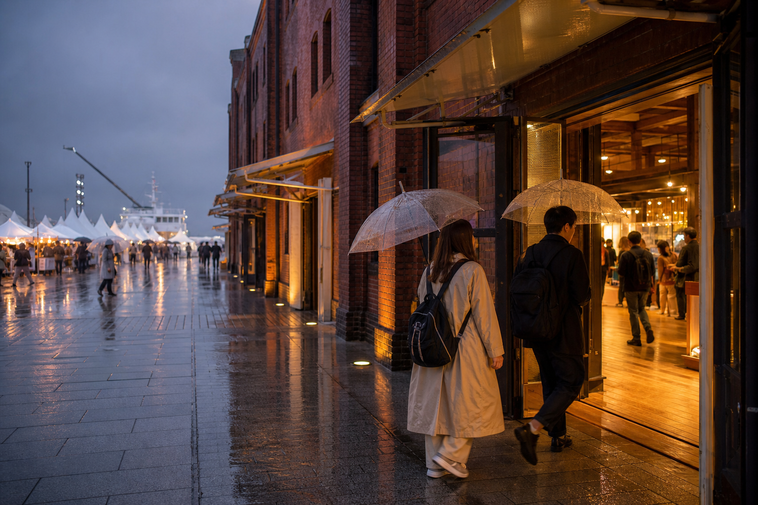 Travelers switch to an indoor red-brick venue plan on a rainy Yokohama evening