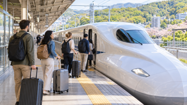 Travelers preparing to board a Shinkansen during Japan's spring travel season