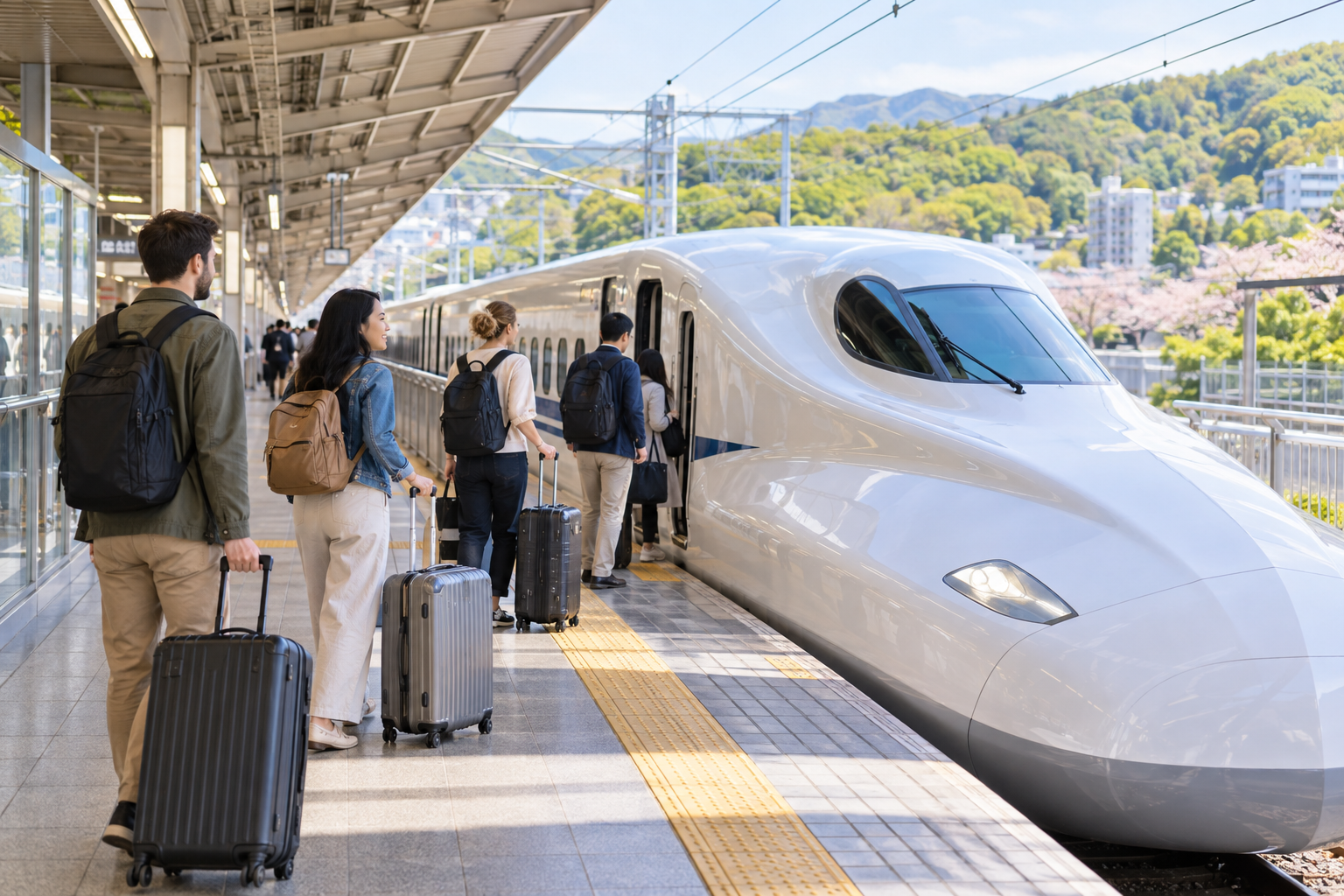 Travelers preparing to board a Shinkansen during Japan's spring travel season
