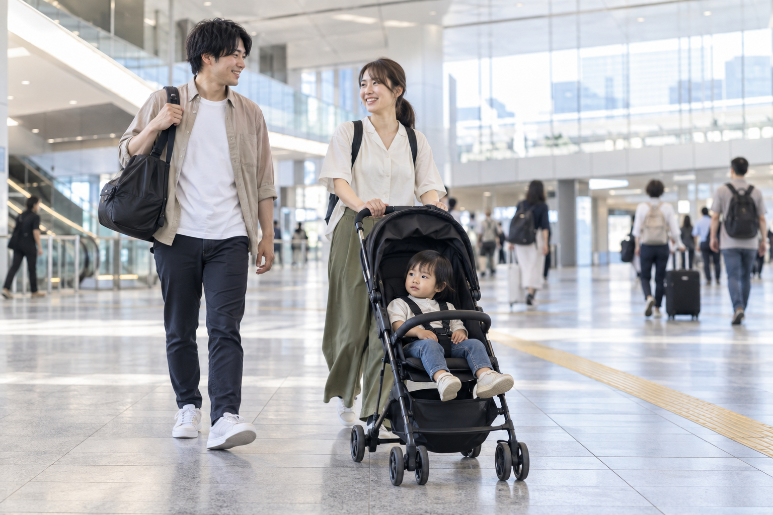 Parent with a compact stroller in a bright Japanese station concourse