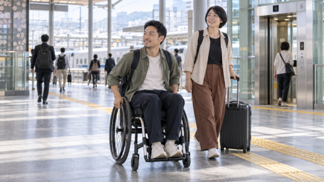 Wheelchair traveler and companion in a bright modern Japanese station concourse