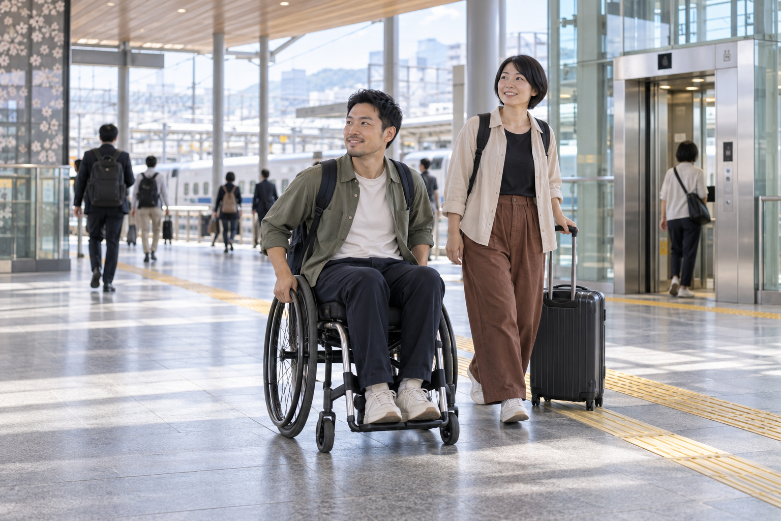 Wheelchair traveler and companion in a bright modern Japanese station concourse