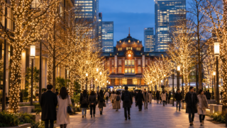 Champagne-gold winter lights in a Tokyo business district