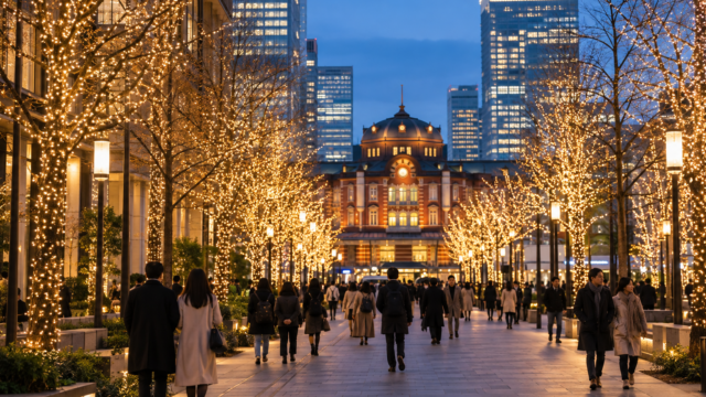 Champagne-gold winter lights in a Tokyo business district