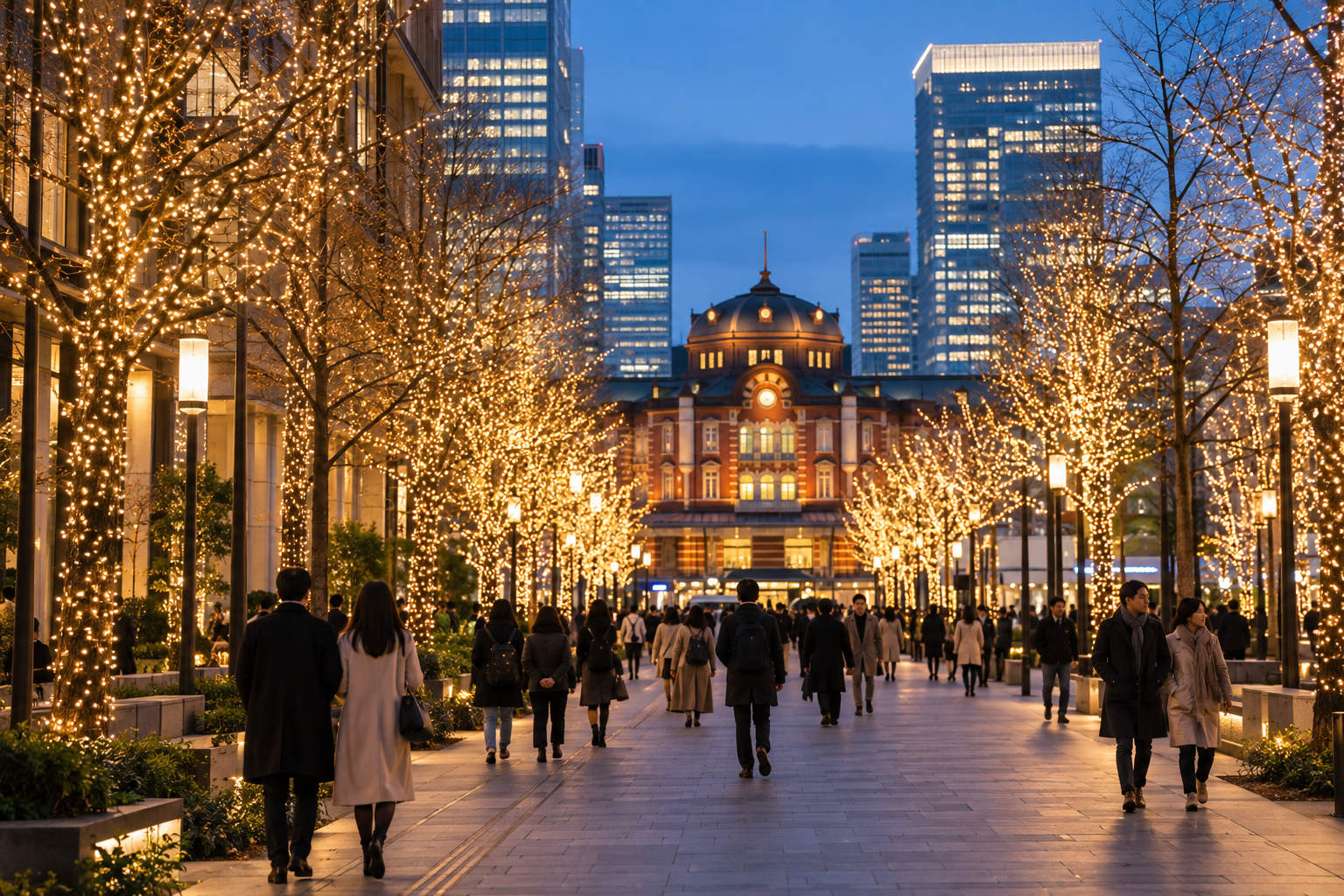 Champagne-gold winter lights in a Tokyo business district
