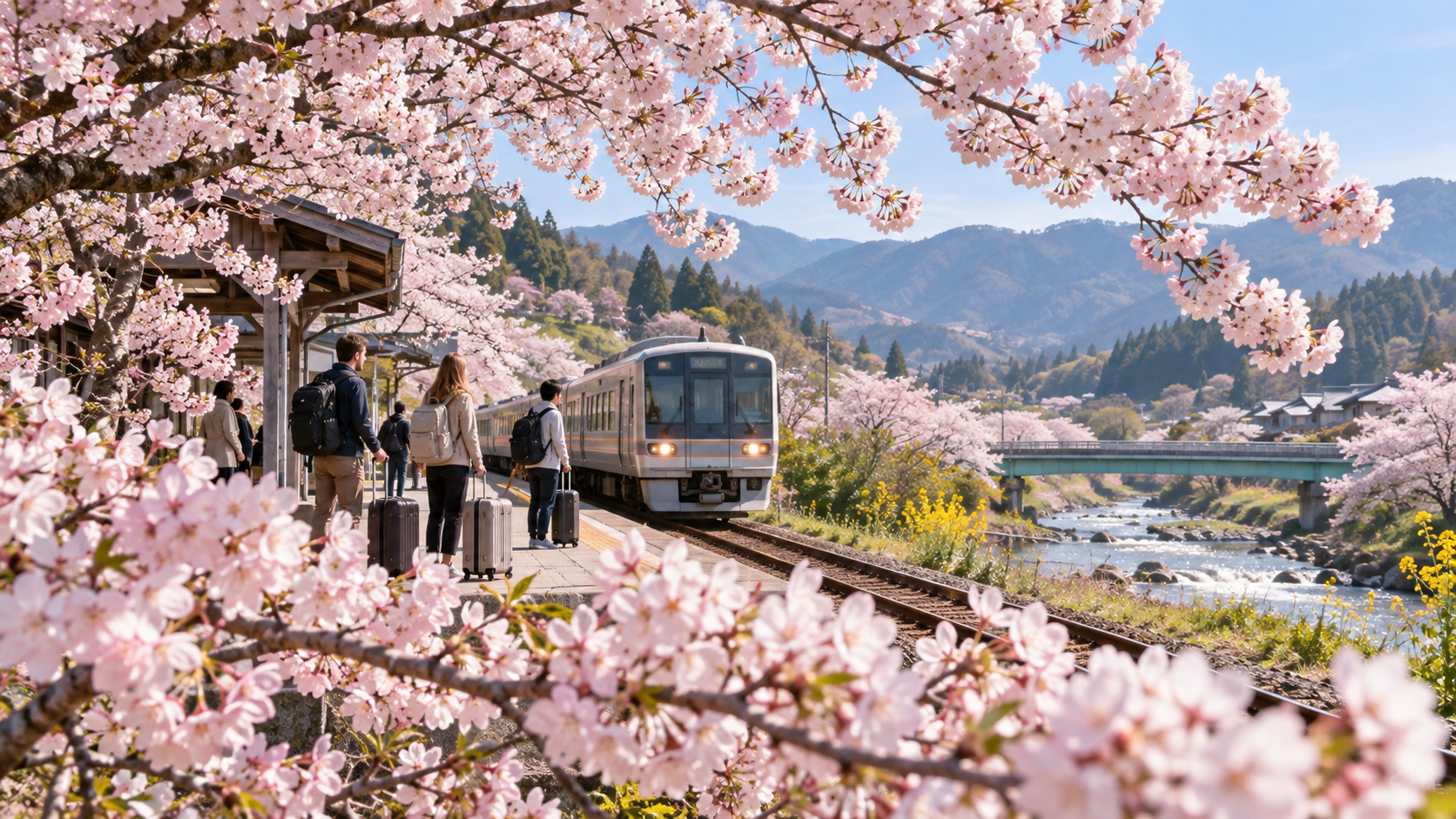 Cherry blossoms framing a spring journey through Japan