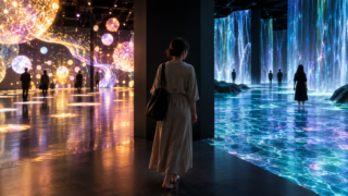 Traveler choosing between a dry immersive light maze and a barefoot water-based digital art route in Tokyo
