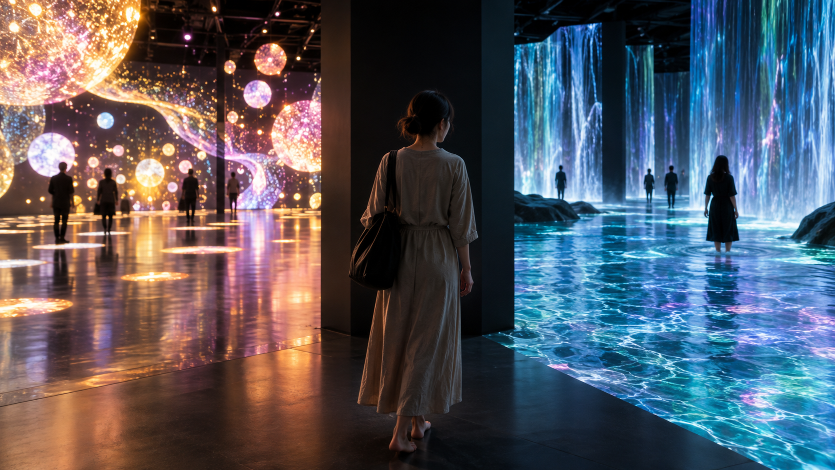 Traveler choosing between a dry immersive light maze and a barefoot water-based digital art route in Tokyo