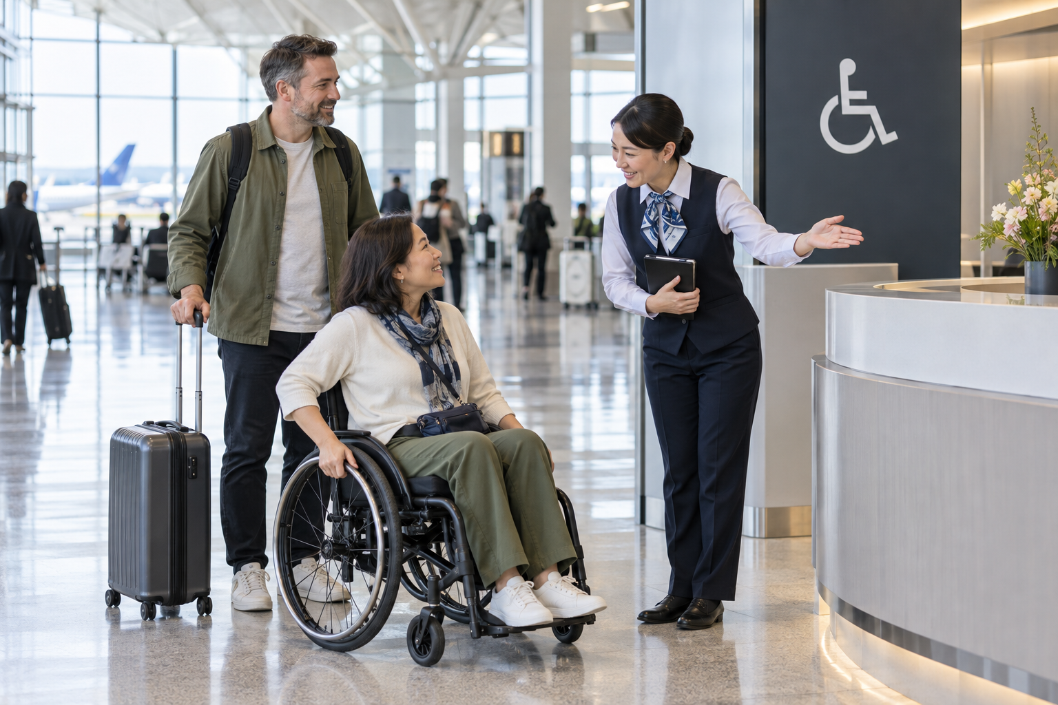 Airport assistance meeting point with a wheelchair user and staff member