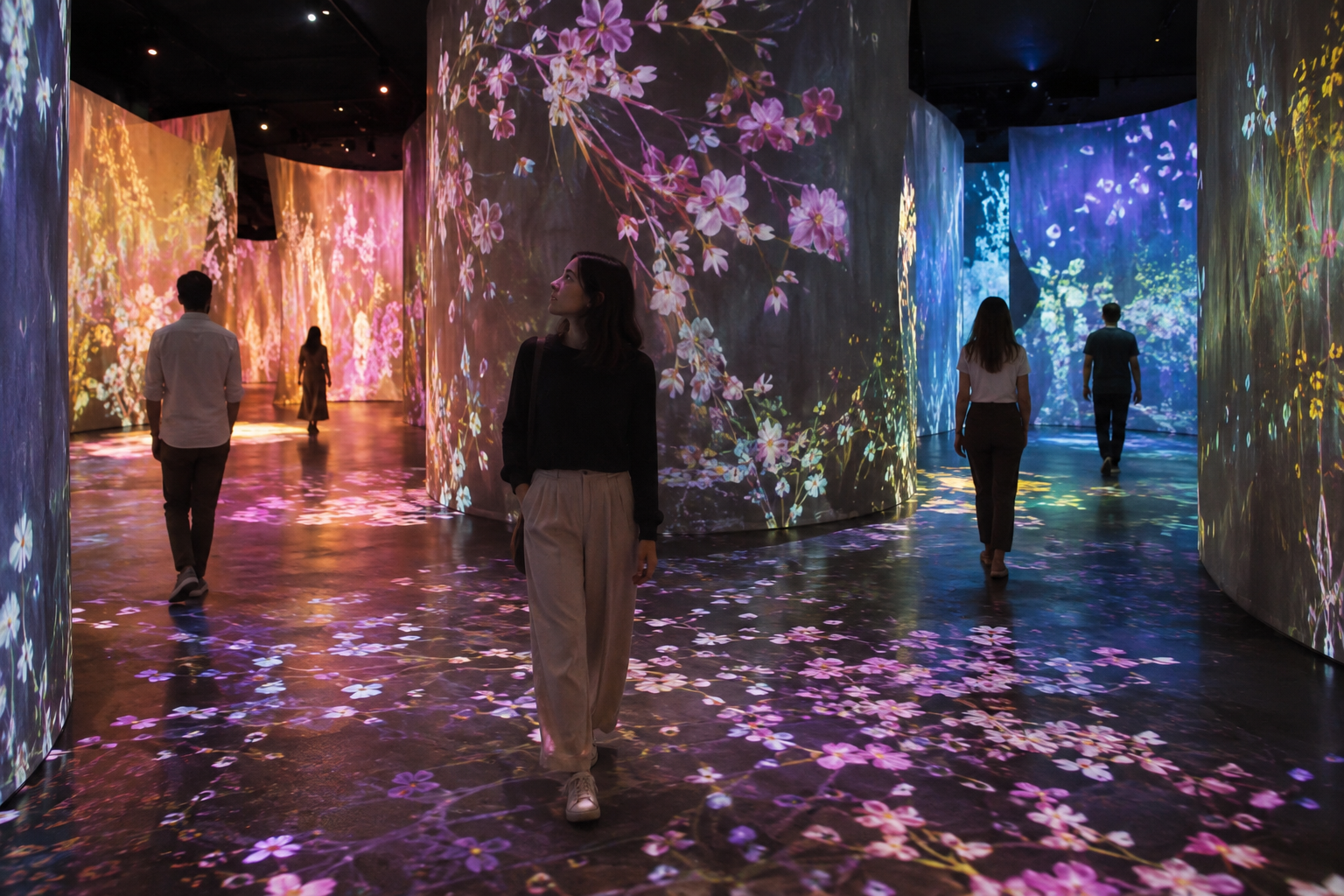 Visitors wandering freely through a dry abstract digital art gallery without a fixed route