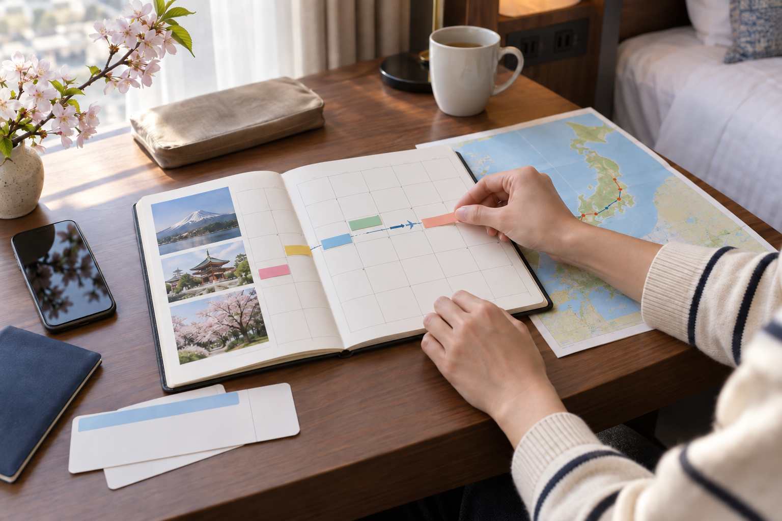 Traveler arranging a spring Japan itinerary on a calendar and map