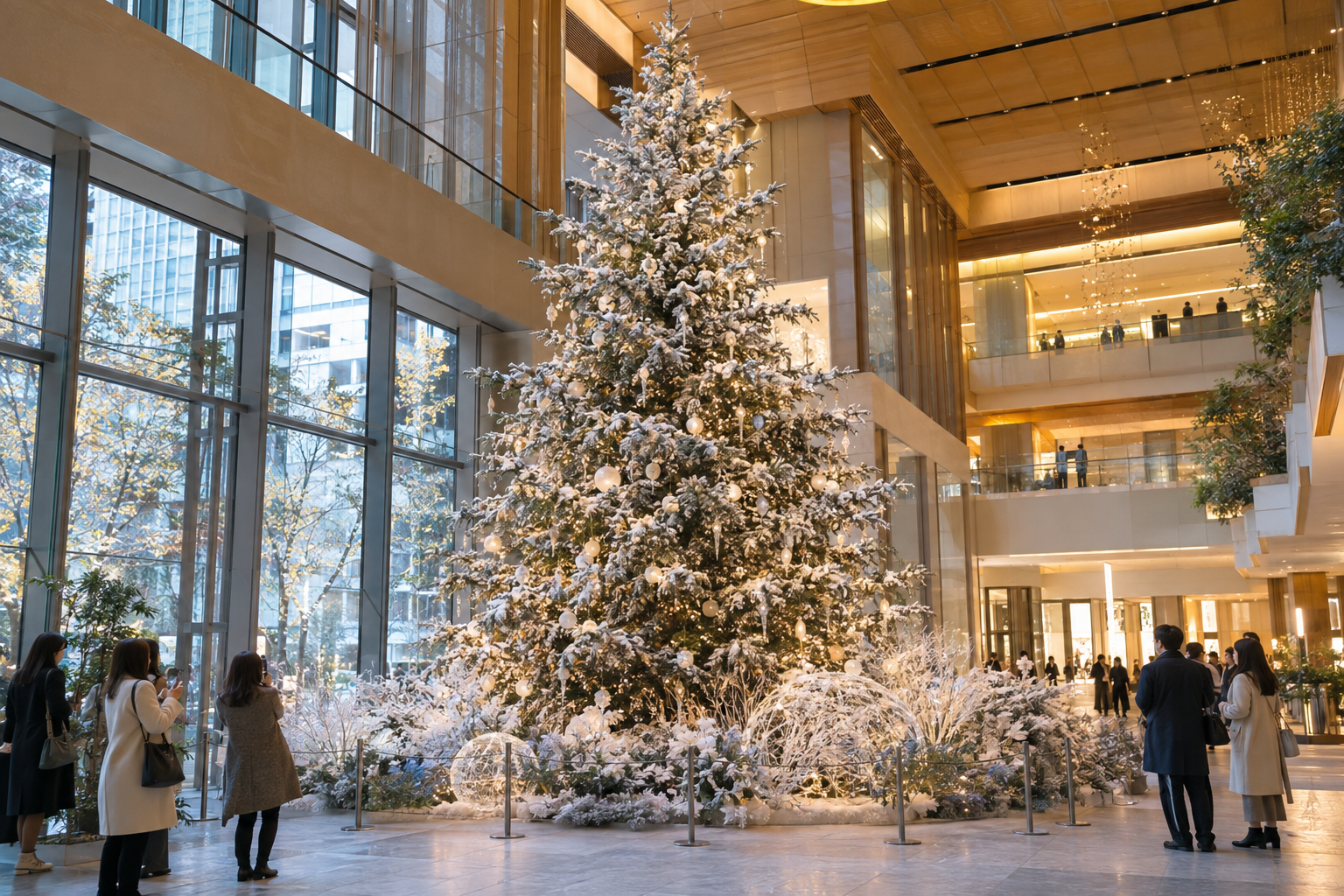 A conceptual indoor winter tree in a modern Tokyo atrium