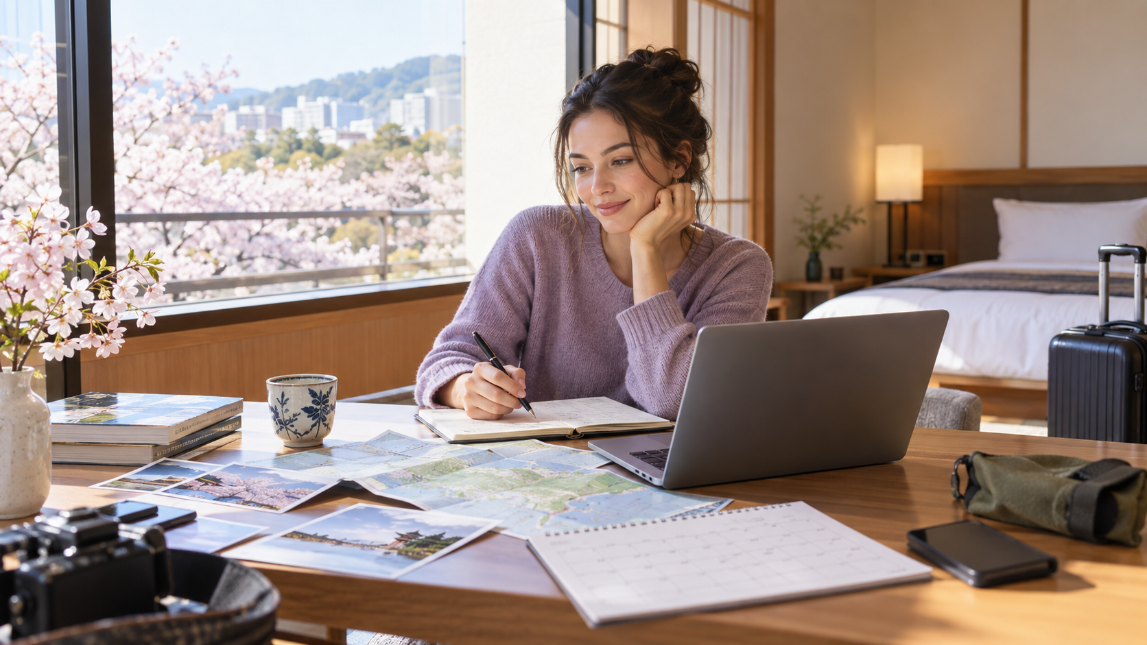Traveler building a flexible spring itinerary with refundable bookings