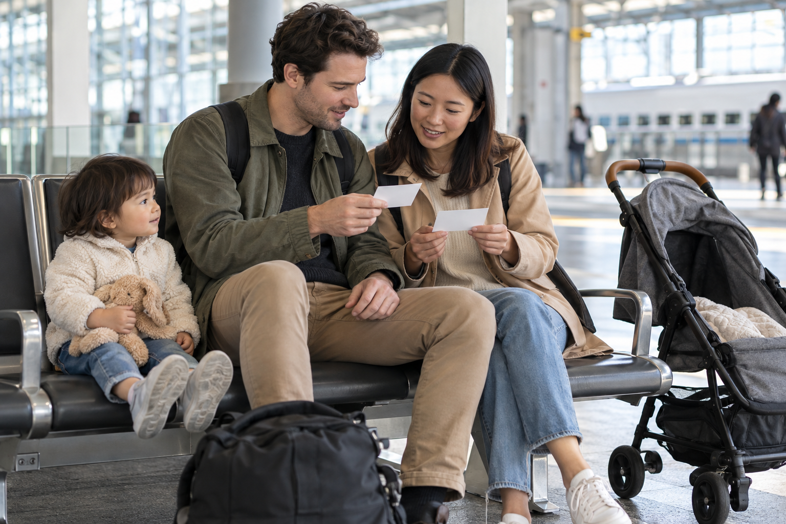 Family checking unbranded tickets before a rail trip