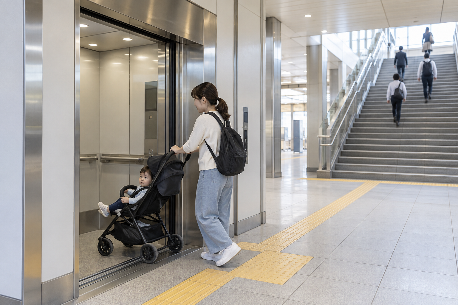 Parent using a station elevator with a stroller