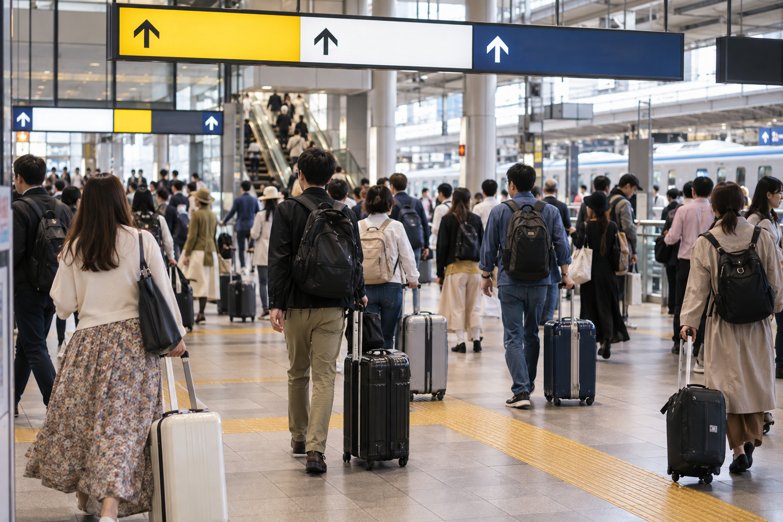 Travelers moving through a busy Japanese railway concourse with luggage
