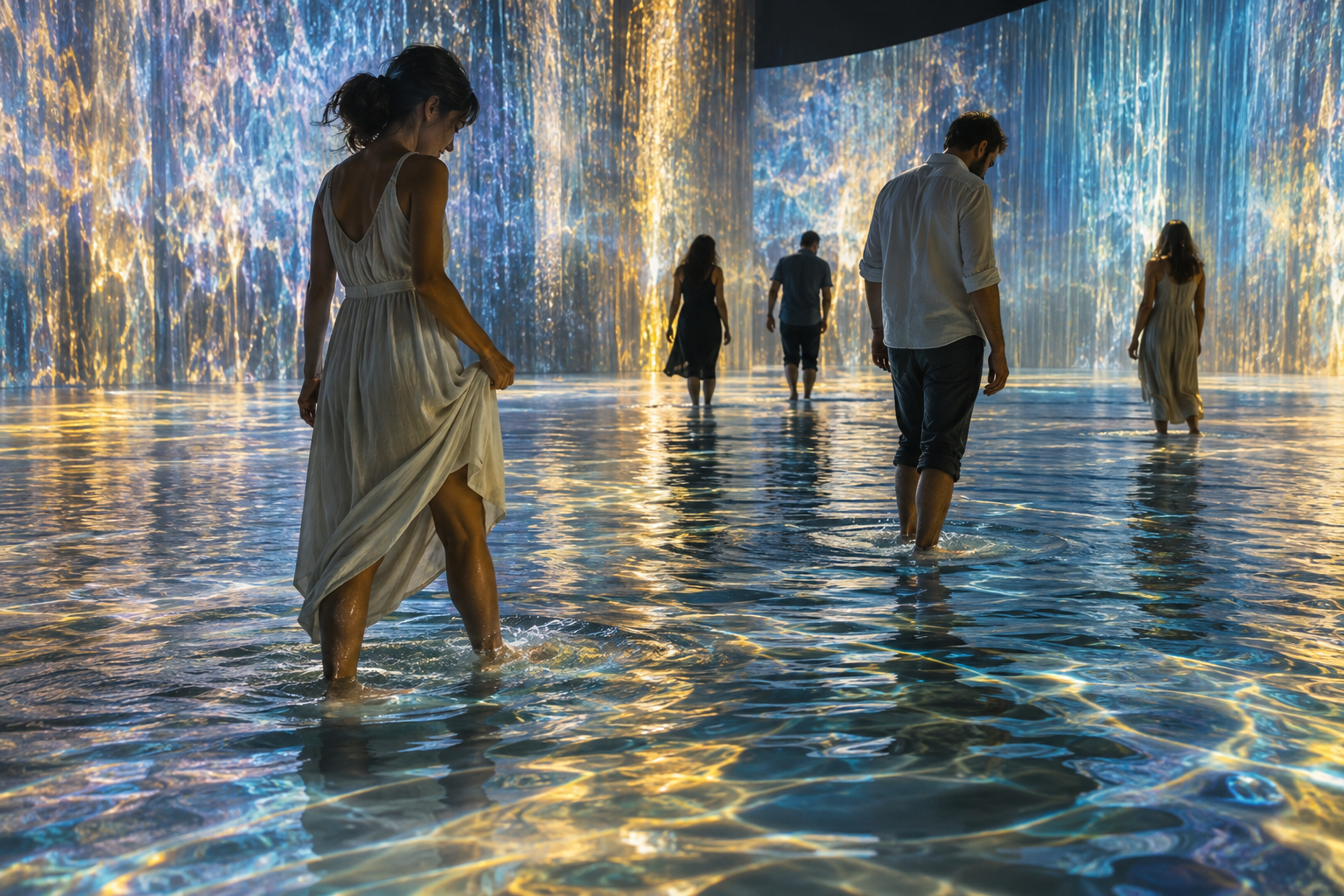 Adult visitors walking barefoot through shallow illuminated water in an immersive art setting