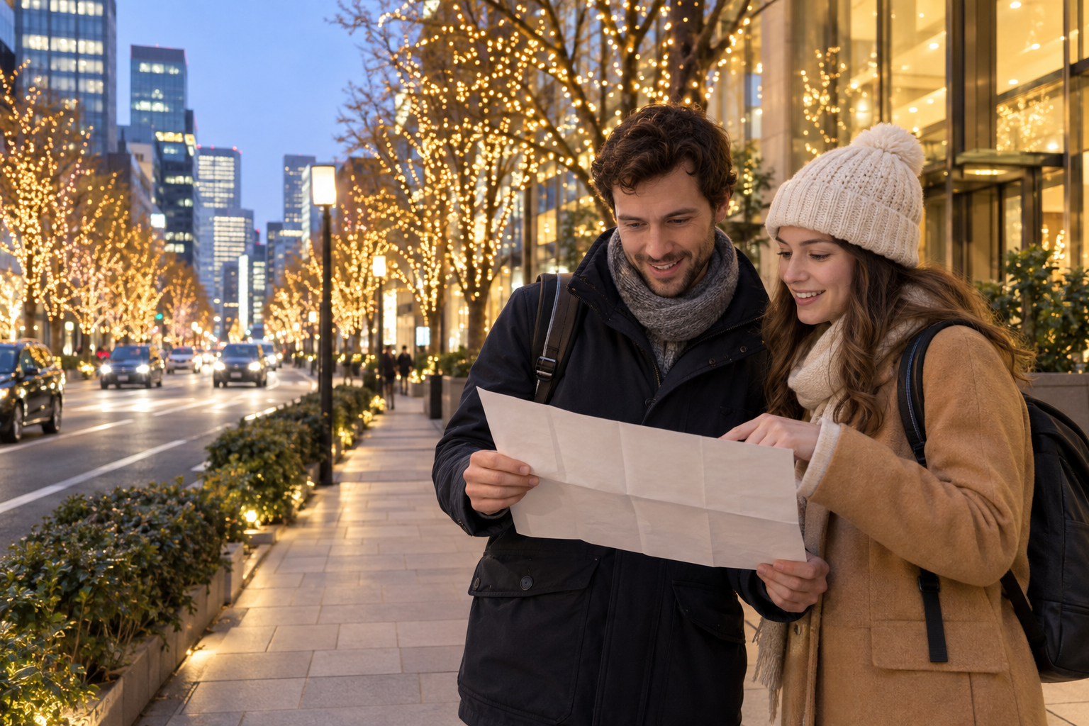 Travelers planning a winter route beside illuminated trees