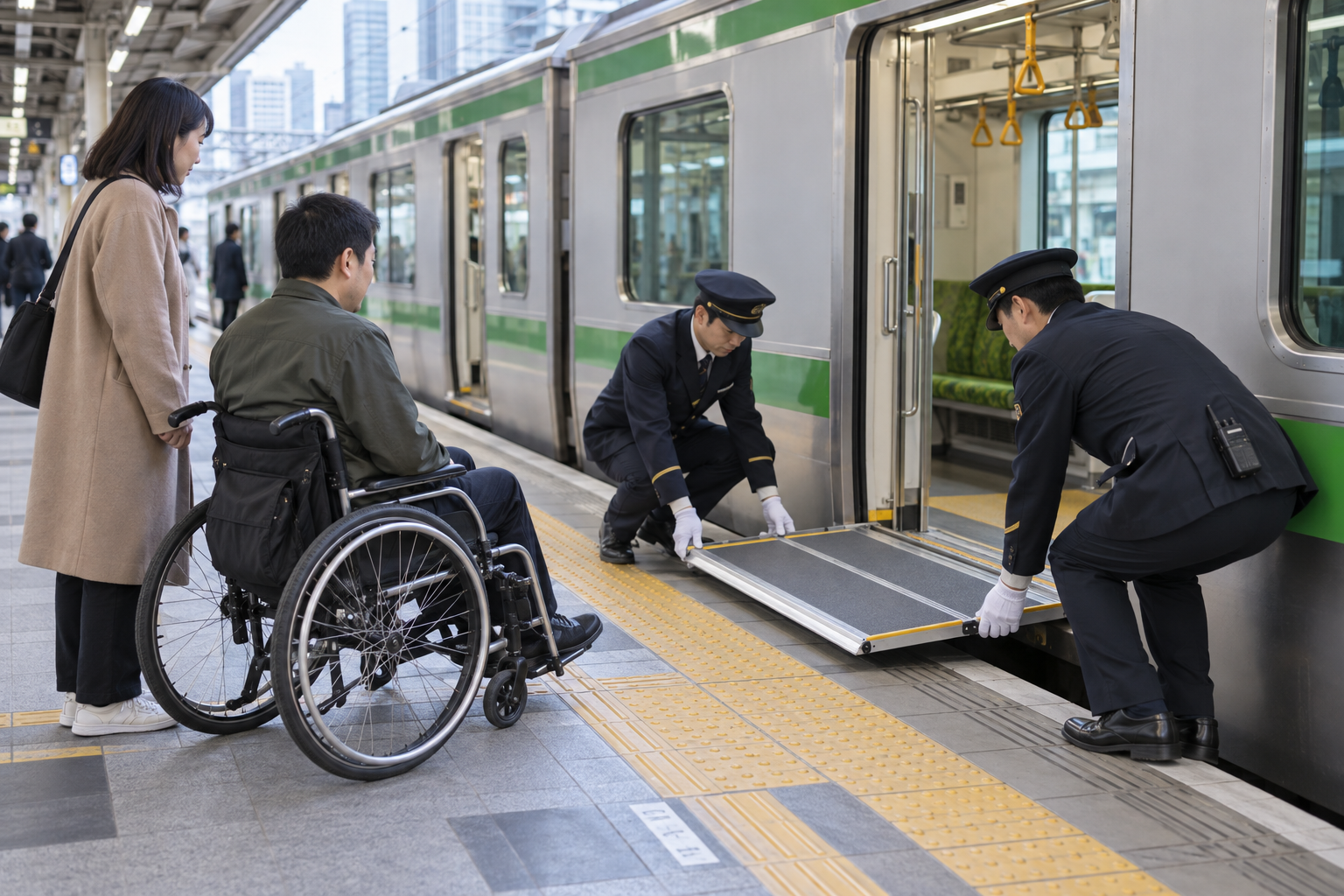 Station staff positioning a portable boarding ramp at a train door