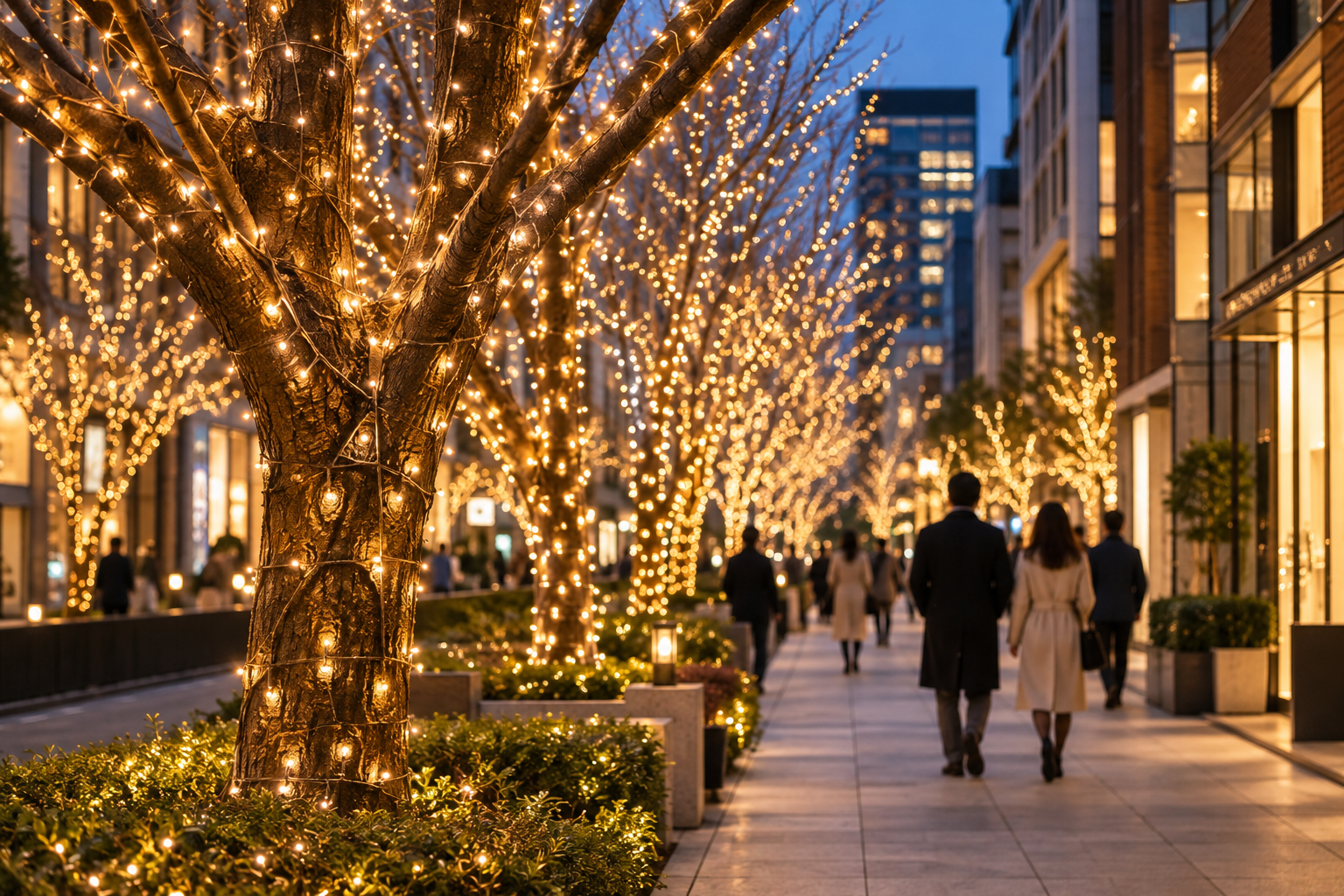Close view of champagne-gold winter lights