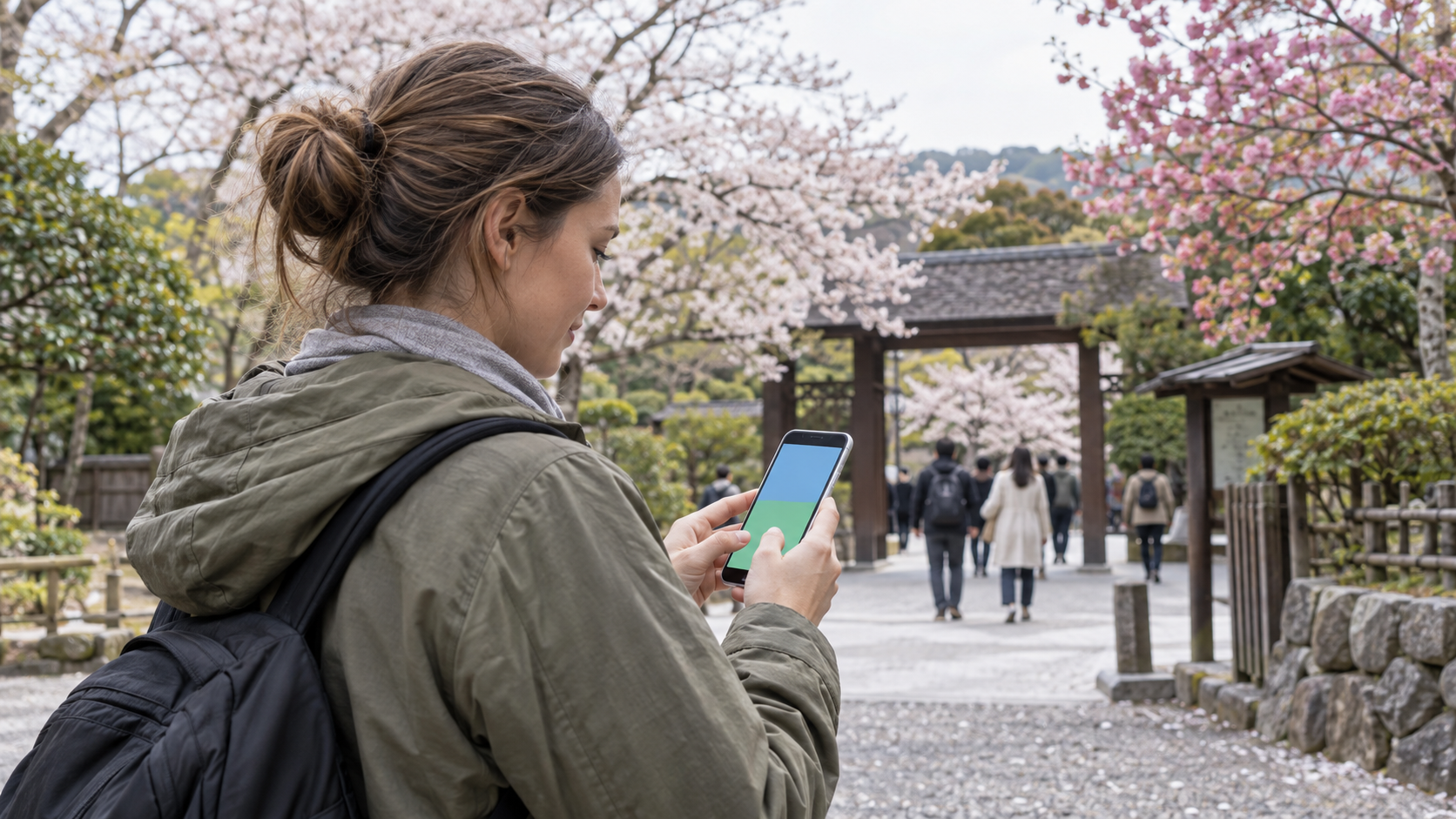 Traveler checking an official blossom update shortly before a spring day trip