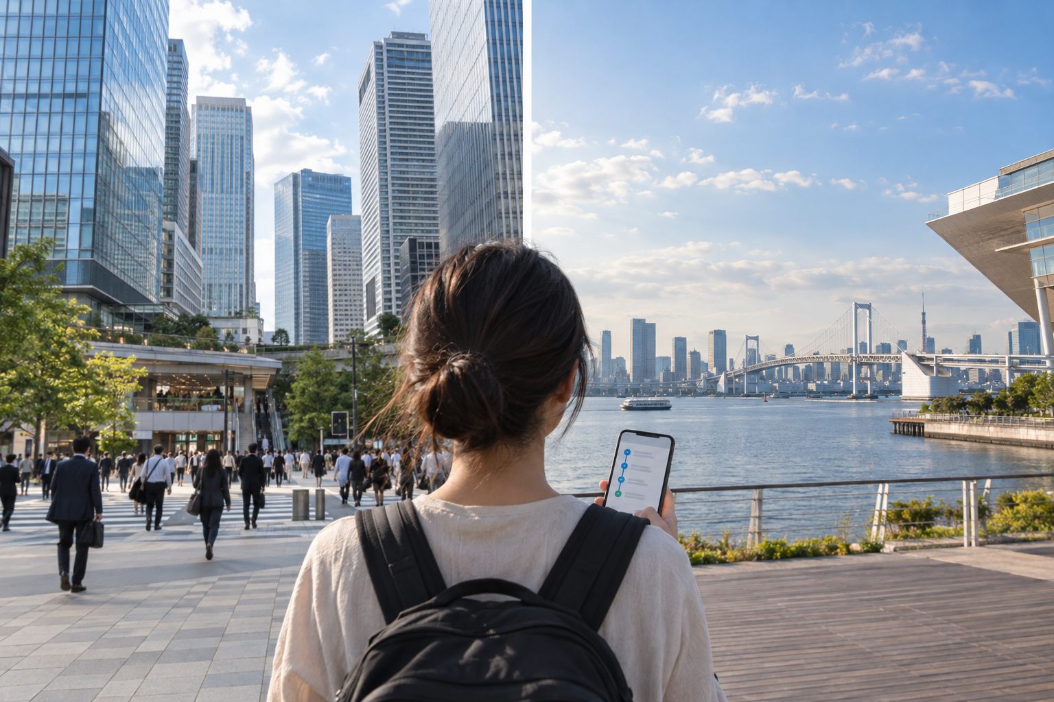 Tokyo traveler comparing a central city itinerary with a bayside Toyosu itinerary