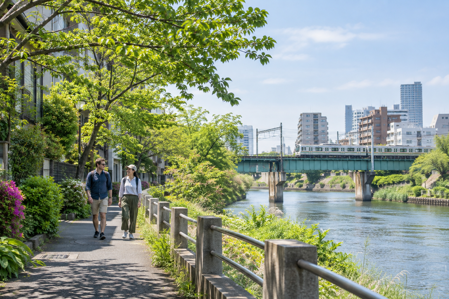 Travelers enjoying a relaxed local day near a city rail line in spring