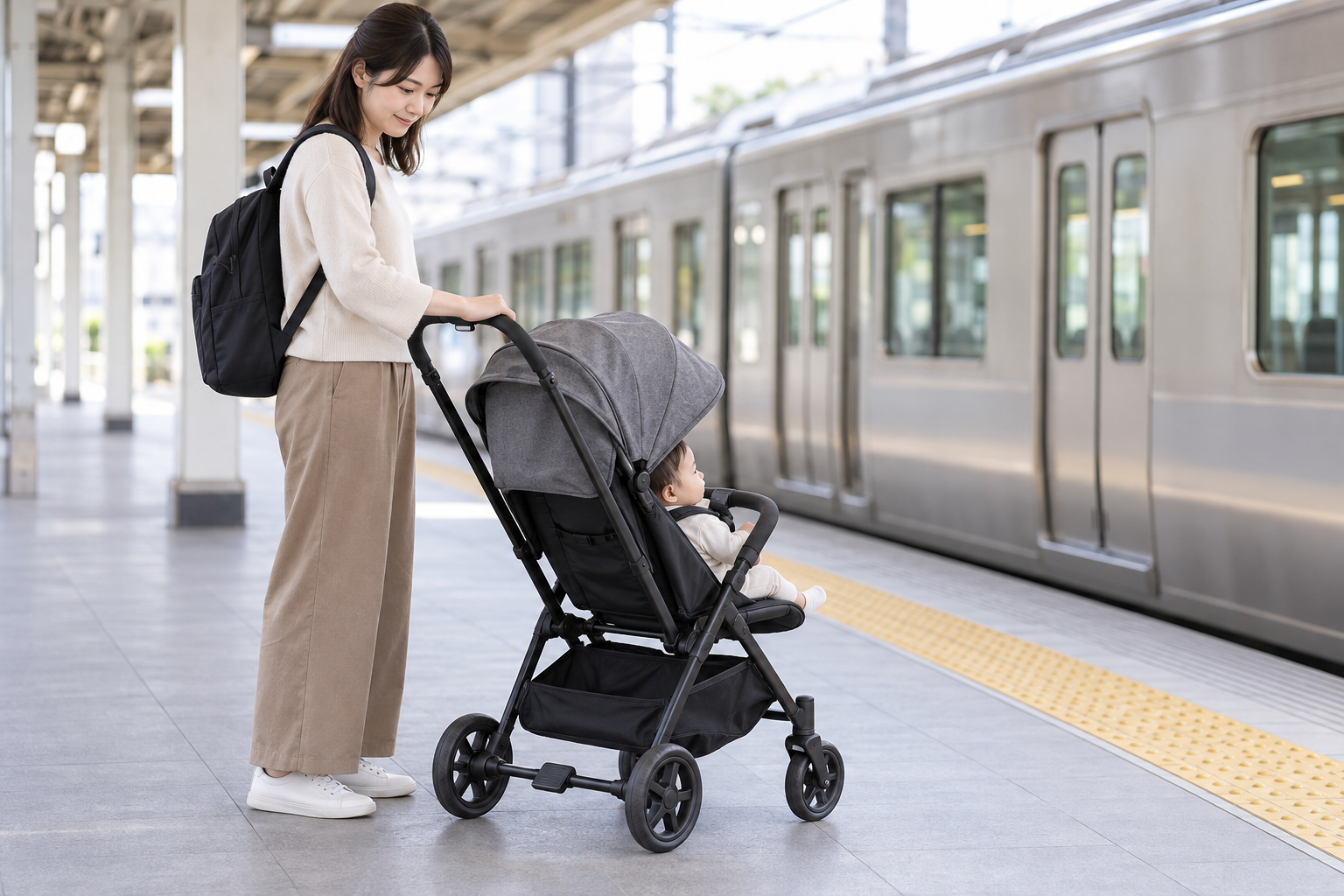 Adult holding a braked stroller safely behind the platform edge