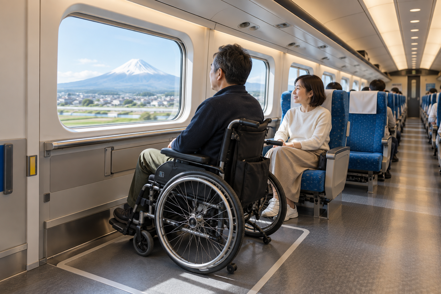 Wheelchair space beside reserved seats inside a modern Shinkansen carriage