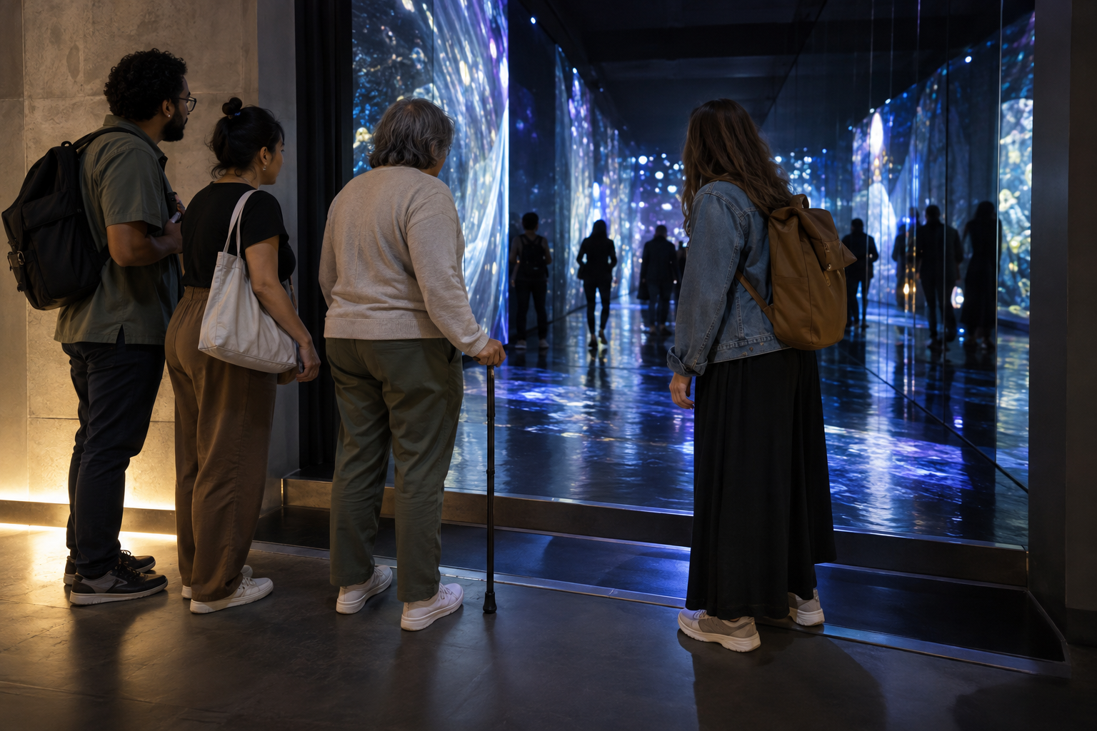 Travelers pausing to assess dark lighting, mirrored surfaces and uneven footing before entering immersive art