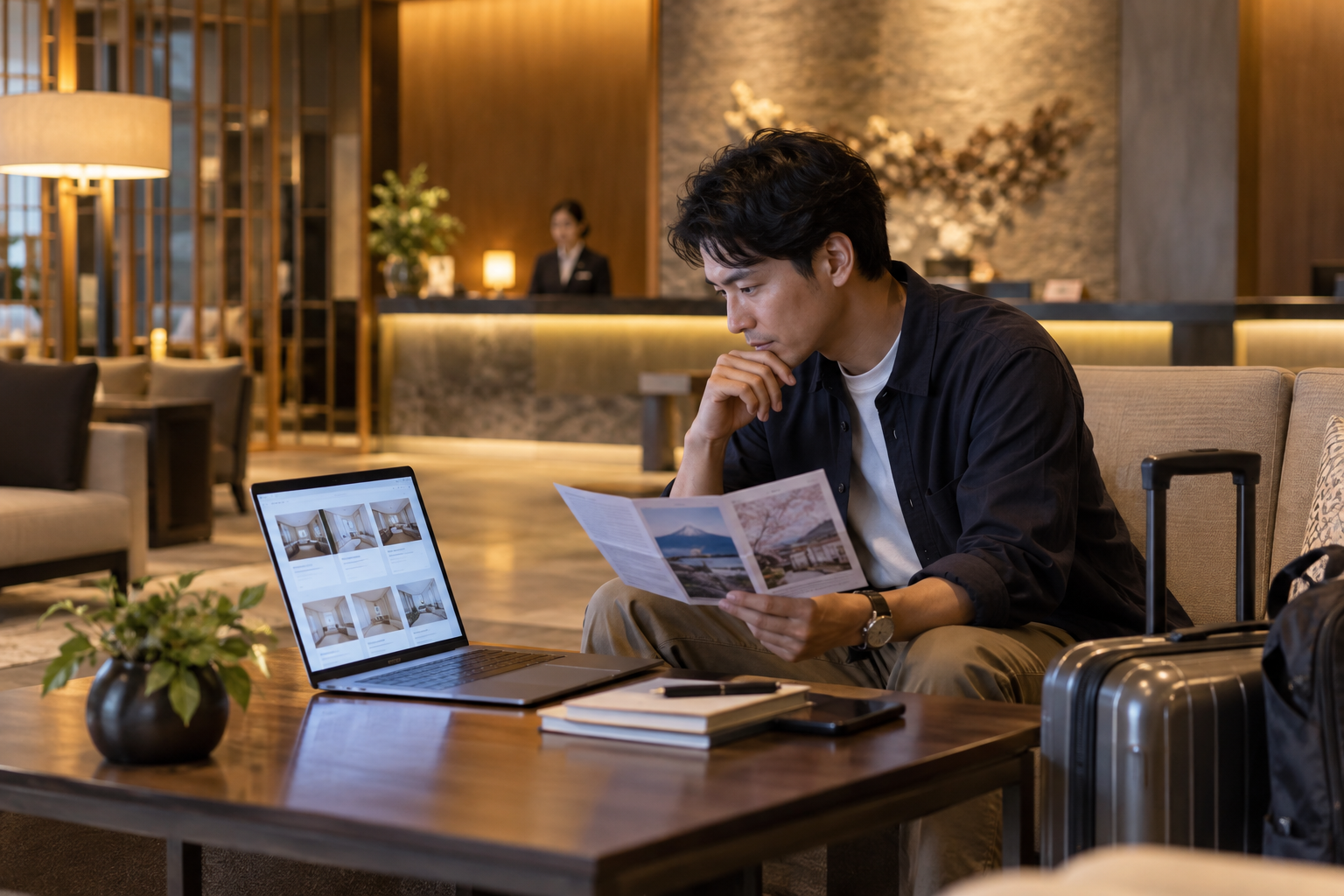 Traveler comparing accommodation options in a Japanese hotel lobby