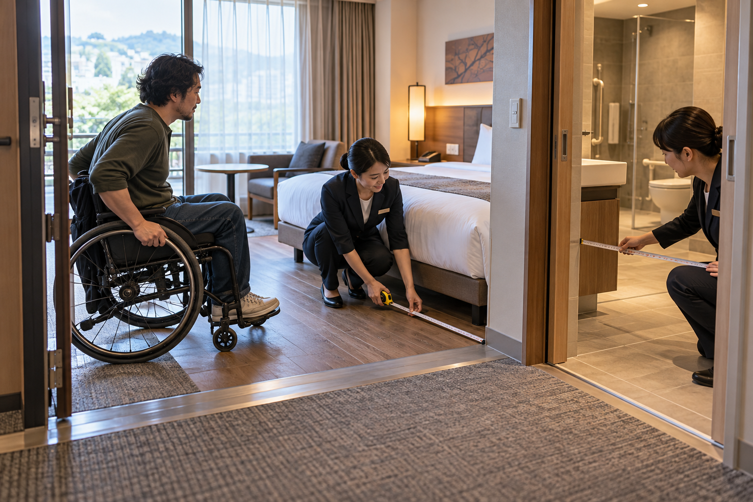 Hotel staff and wheelchair traveler checking room access and bathroom layout