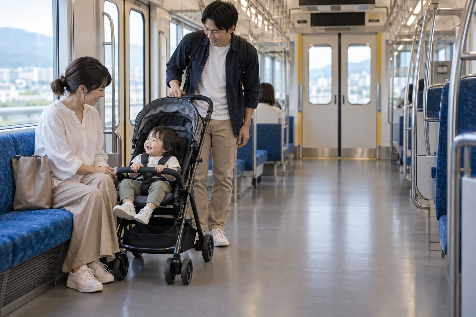 Family using a generic multipurpose space inside a modern train