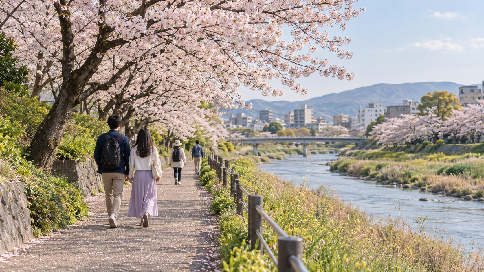 Visitors enjoying a quieter riverside cherry blossom walk in Japan