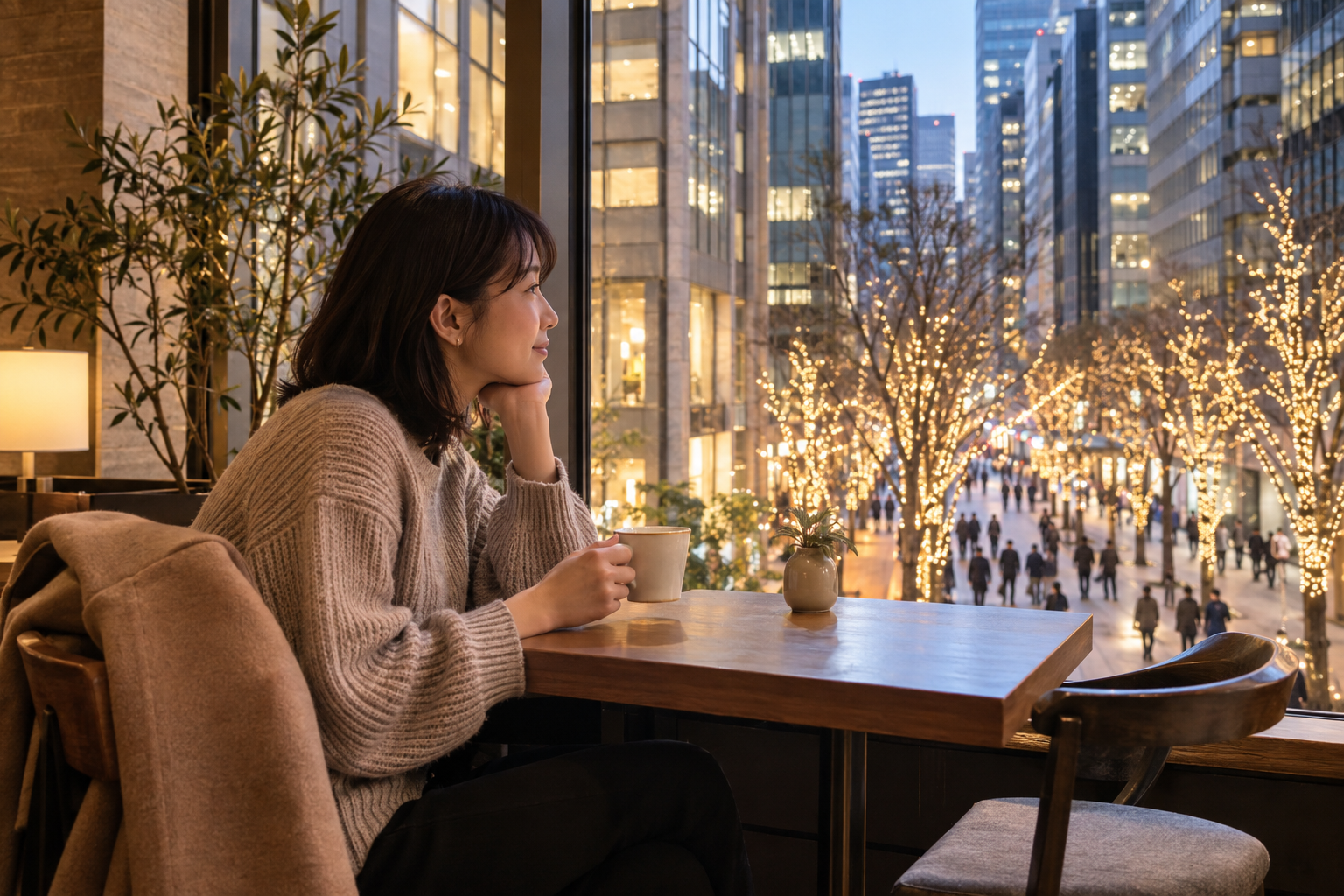 A warm indoor break overlooking an illuminated avenue