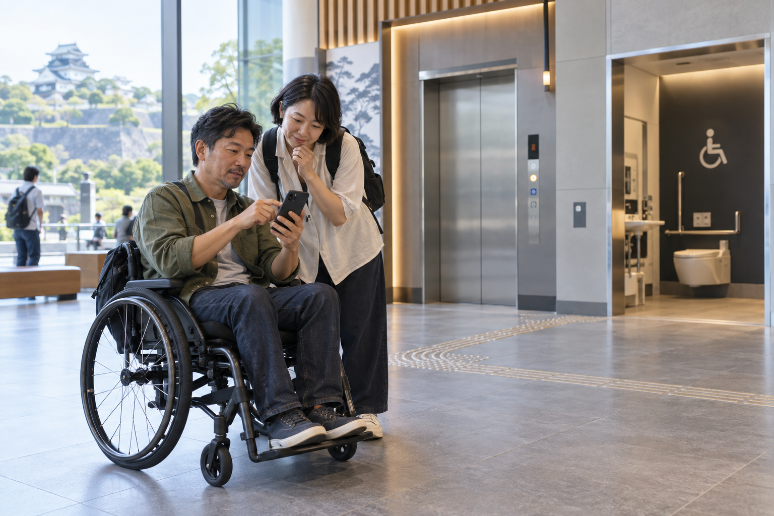 Traveler checking an accessible restroom and elevator route on a phone map