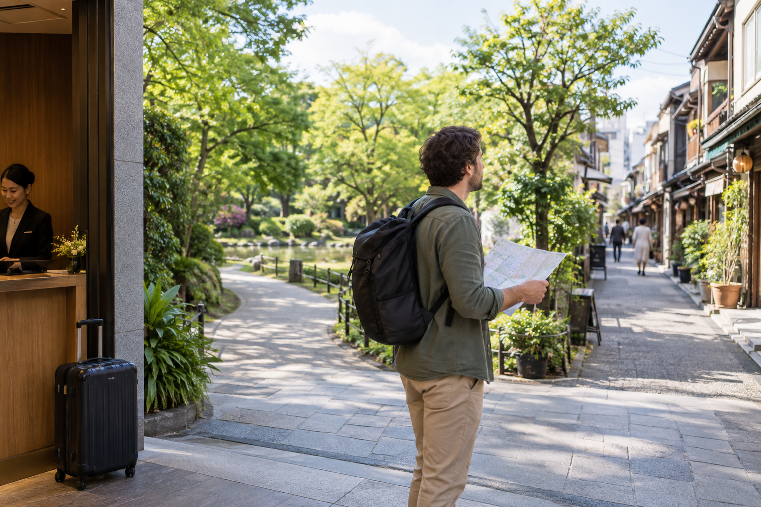 Traveler choosing a quiet neighborhood route as a Golden Week backup plan